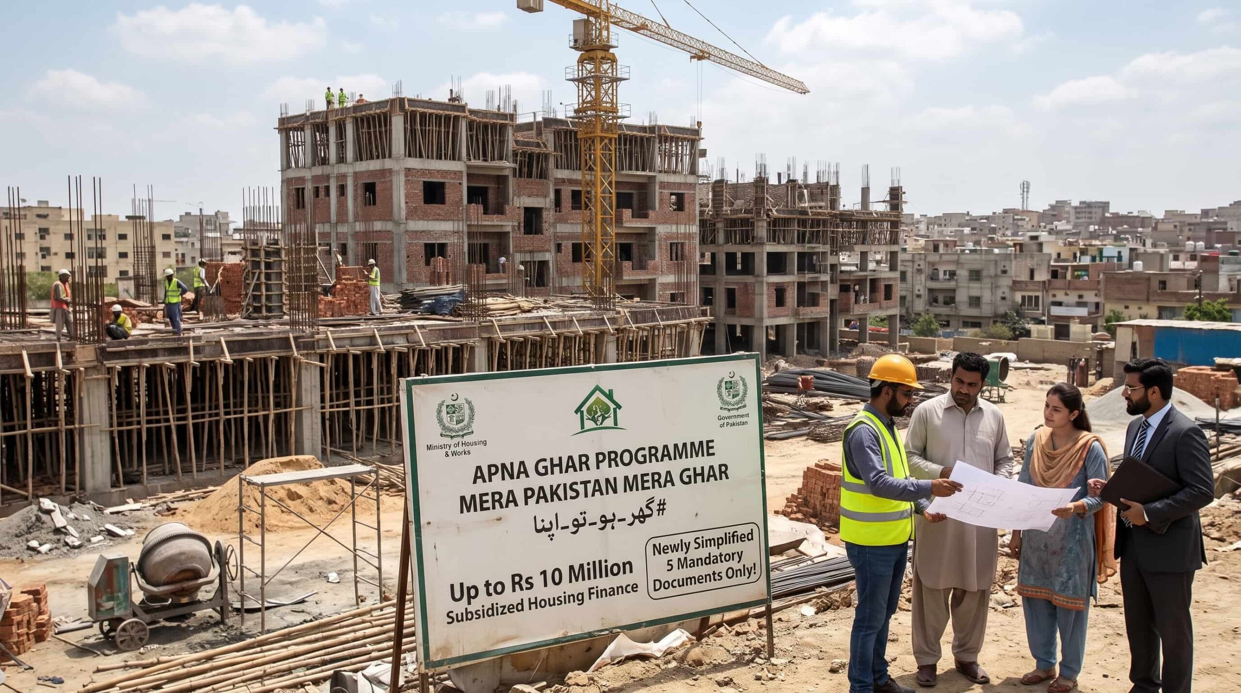 A busy multi-story apartment construction site in Pakistan with a large promotional sign for the government’s "Apna Ghar Programme" and "Mera Pakistan Mera Ghar" housing scheme. In the foreground, four people—including a construction engineer in a yellow safety vest and hard hat, a man in traditional Pakistani attire, a woman, and a formal official in a suit—gather around to review a large blueprint. The background features active building scaffolding, a tower crane, concrete mixers, and workmen on a concrete structure under a clear day sky.